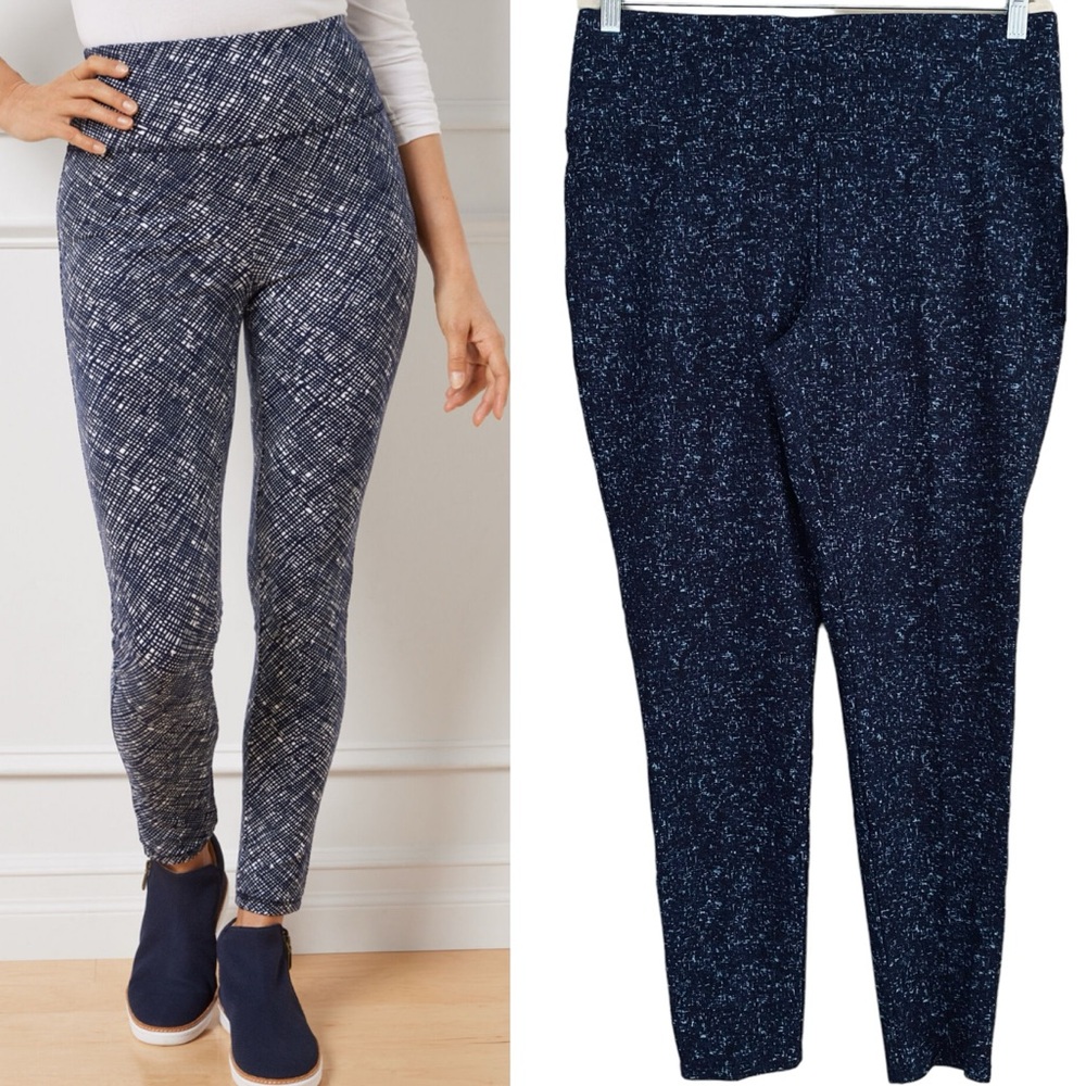 Slim Factor By Investments NWT Navy Abstract Plaid Pull On Stretch Legging Large